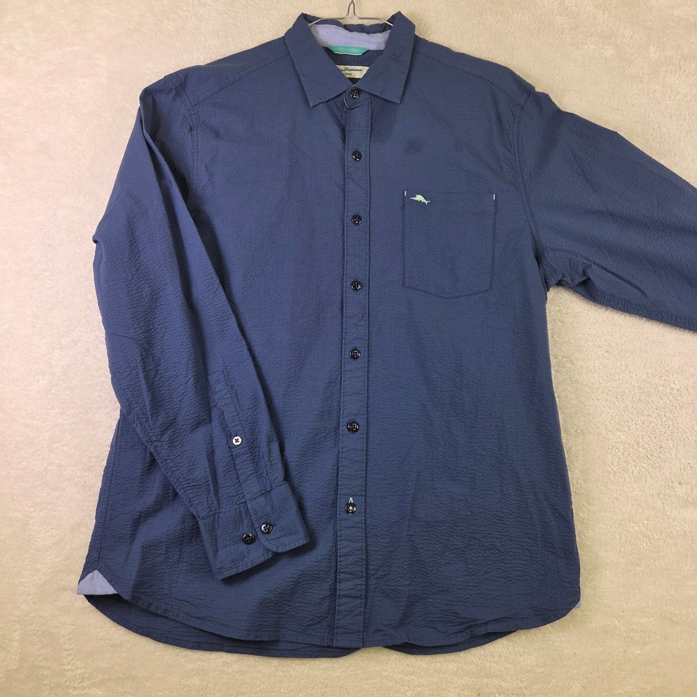 Tommy Bahama Nova Wave Mens Navy Blue Seersucker Marlin Logo Shirt M